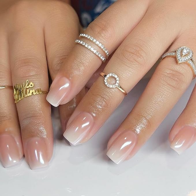 32 Pcs French Gradient Press on Nails Short Coffin Shaped Fake Nails with Pink White Gradient Designs Glitter Acrylic Nails Full Cover Bling Stick on Nails for Women Nails Manicure Decoration