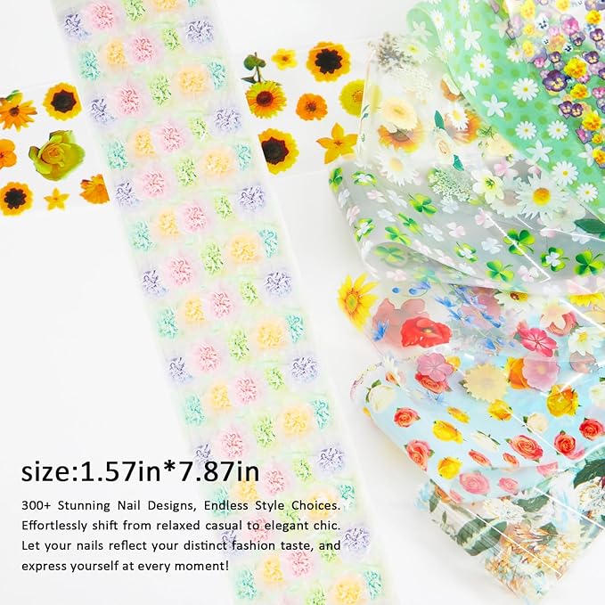 DANNEASY 300 Sheets Holographic Nail Foils Film, Iridescent Nail Art Transfer Foil Stickers Laser Flower Colorful Foil Paper Sheets Starry Sky Star Design Sticker for Nails Decoration Supplies