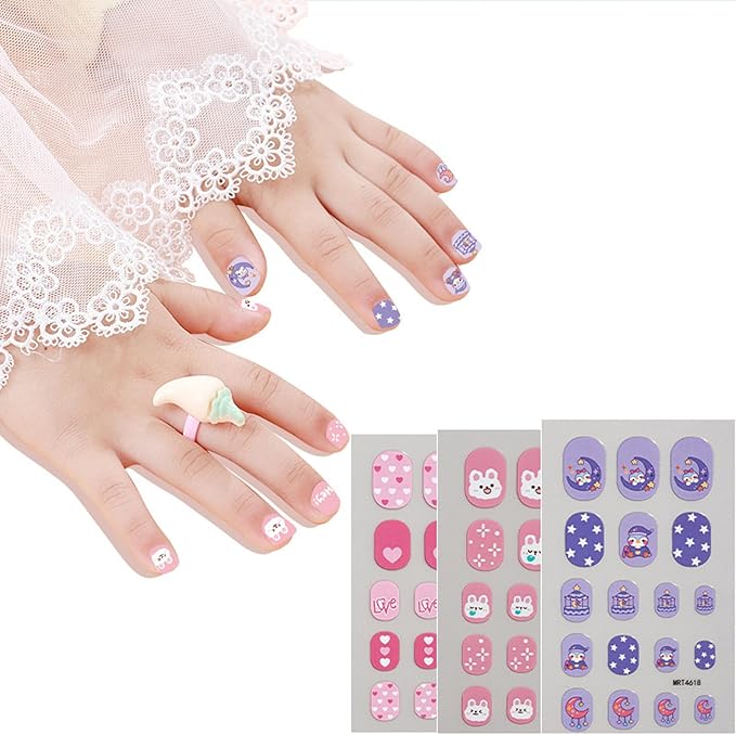 10Sheets Colorful Kid Nail Stickers Full Nail Wraps for Kids Girls Self Adhesive Nails Strips for Nail Art Decoration Fun Including Rainbow Heart Rabbit Flower Fruit Moon Sun for Age 7 and Older…