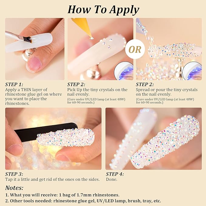 1.2mm and 1.7mm Tiny Nail Rhinestones 20000PCs Ultra Mini Pixie Clear AB Glass Crystals for Nail Art 15000pcs 1.2mm and 5000pcs 1.7mm Super Little Gems Iridescent Micro Dust Glitter Caviar Bead