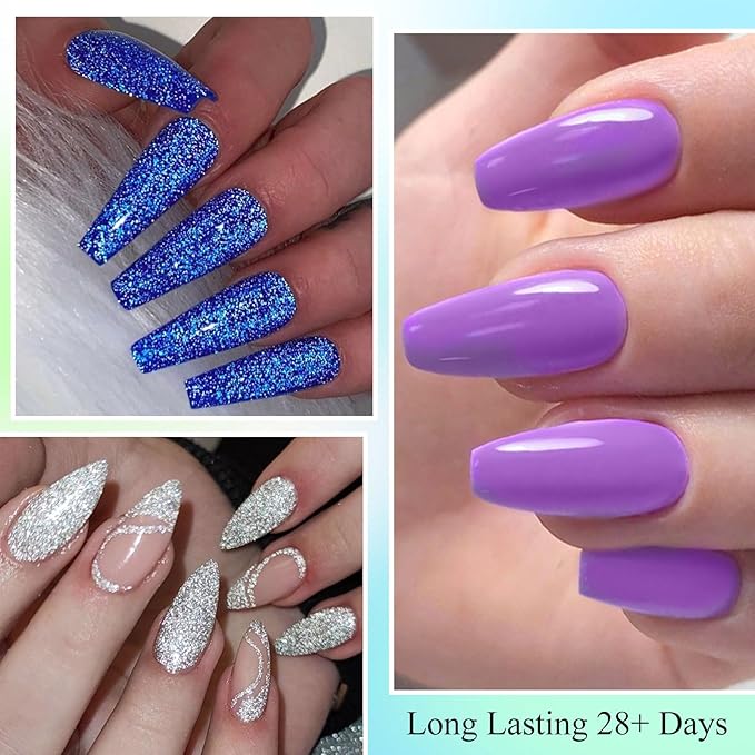 MTSSII Glitter Gel Nail Polish 18 Pcs Blue Purple Green White Gel Nail Polish with Base Gel Set Pink Blue Black Reflection Glitter Polish Kit for DIY Nail Art Women Gifts