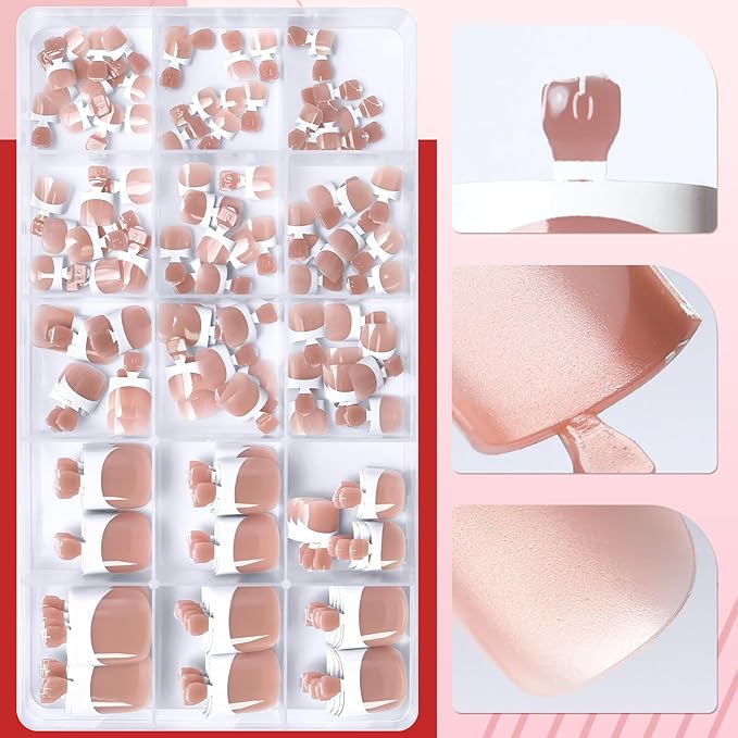 150pc White French Tips Press on Toenails Women Fake Toe Nails with Glue Tab, Brown Toe Nail Press ons Nails Short Square Fake Toenails French Toes Nail Tip Glue Toenail Stick Acrylic Toes Nails Kit
