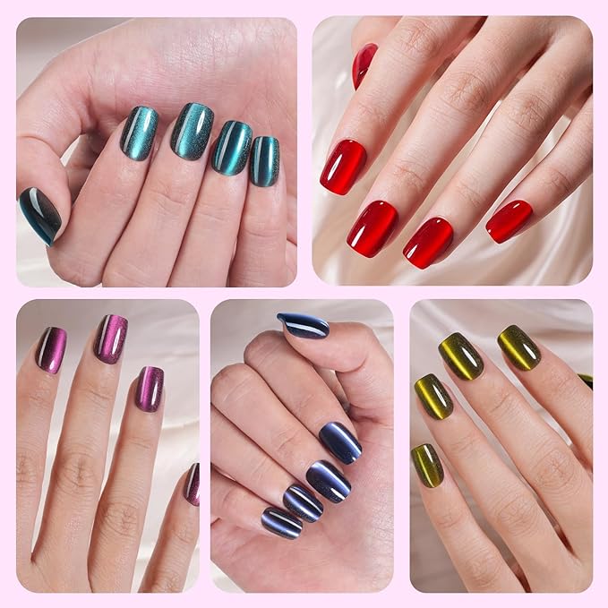 240Pcs Cat Eye Press on Nails Short Square, Plauva Soft Gel Fake Nails, Glossy Glitter Cat Eye Nail Tips for Women and Girls Stick On Nails in 12 Sizes