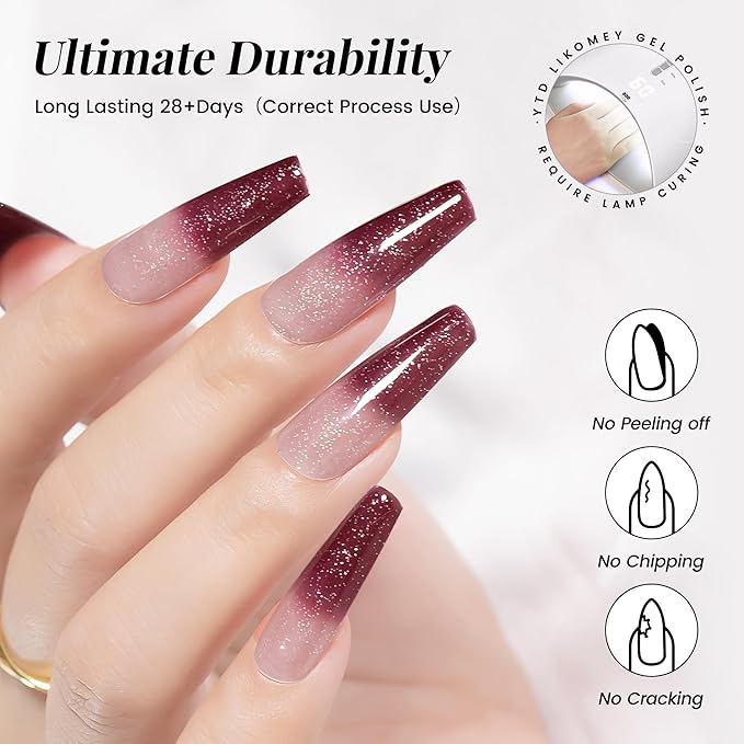 YTD Likomey Color Changing Gel Nail Polish,15ml Light Pink To Burgundy Glitter Mood Temperature Change Colors Ombre Thermal Salon Home Fall Winter Manicure UV Varnish,WB209