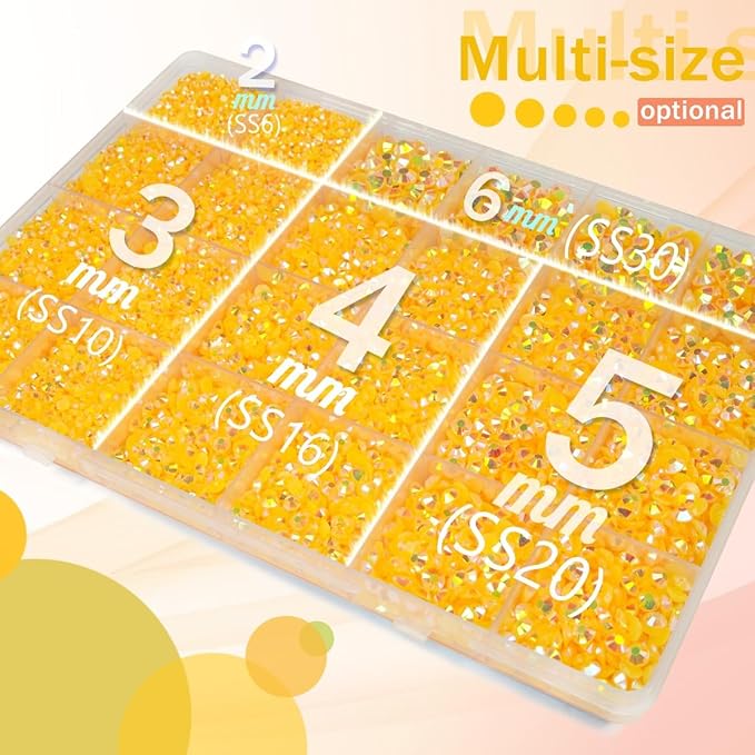 Orange Yellow AB Resin Rhinestones w B7000 Jewelry Glue for Bedazzling Crafting 2mm-6mm Flatback Jelly Stones Diamonds Gems Bedazzler Kit for Nails Face Eyes Makeup Tumblers Bottles DIY Crafts