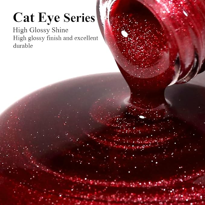 Imtiti Cat Eye Gel Nail Polish, 15ml Blood Red Crystal Glitter Cat Eye Magnetic Gel Nail Polish With Magnet, Holographic Galaxy Sparkly Soak Off UV Led Manicure Nail Salon Kit