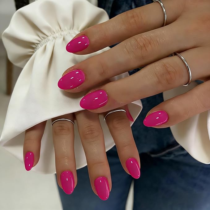 KQueenest Press On Nails Short - Hot Pink Press On Nails Oval, 32 Pcs 16 Sizes Natural Short Fake Nails Press ons Almond, Reusable Glossy Vibrant Gel Glue on Nail with Glue for Summer Wear, Fushia