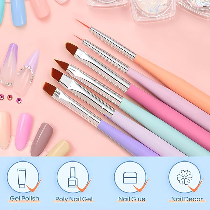 6PCS Nail Art Brushes Set, Nail Design Painting Brushes Builder Gel Brush Nail Dotting Tools Nail Fine Liner Brushes for Nail Extension Multifunctiona (N6 TGS)