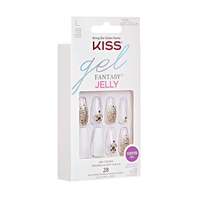 KISS Jelly Fantasy On-Trend Translucent, Long Sculpted Press On Fake Nails Kit, Style “Jelly Pop”, with Pink Gel Glue, Mini File, Manicure Stick, & 28 Glue On Nails