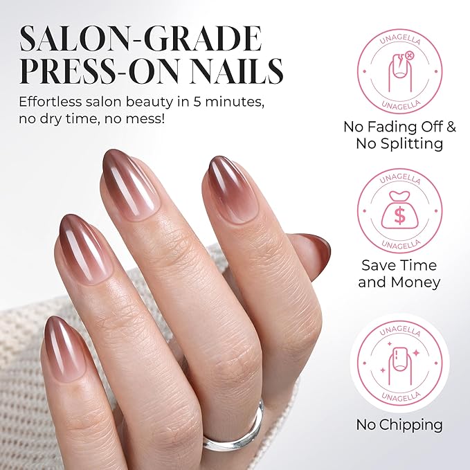 UNA GELLA 32Pcs Soft Gel Press on Nails - 16 Sizes Brown Ombre Chrome Almond Glue on Nails, Reusable Metallic Gradient Short Almond False Nails, Full Cover Acrylic Nail Kit for Women DIY Home Manicure