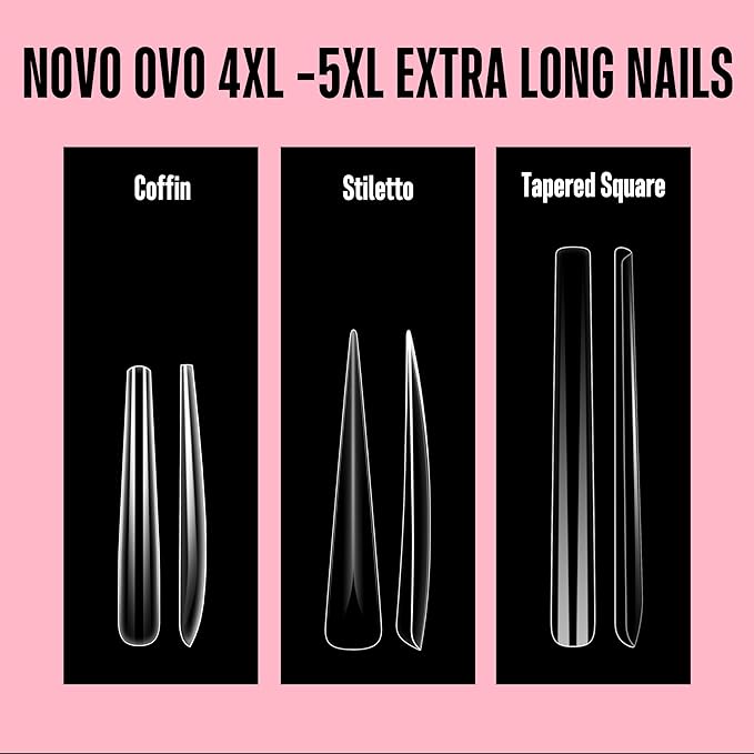 NOVO OVO 4XL Extra Long Coffin Nail Tips (Clear, 120Pcs) - Soft Gel Gel X Style Full Cover False Nails, Super Long Ballerina Acrylic Fake Nail Tips for Press on Extension, DIY Salon (12 Sizes)