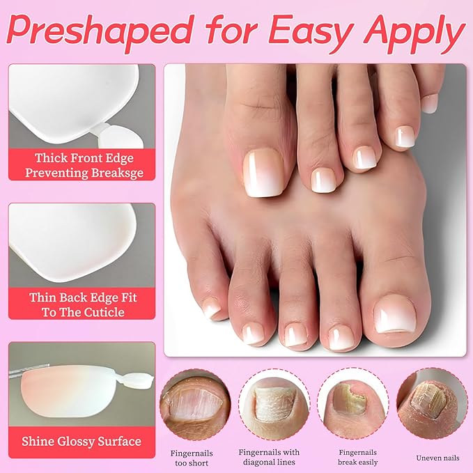 120PC Ombre Press on Toenails for Women Fake Toe nail Press ons Acrylic Toe Press on Nails Set, Ombre Press on Toe Nails Press on Fake Toenails Press ons Acrylic Toe Nail Tips Kit&Glue Tab-D