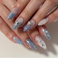 Blue Almond Water Ripple Press-On Nails 24pcs (12 Sizes) with Silver Bows & Glue, Glossy Finish