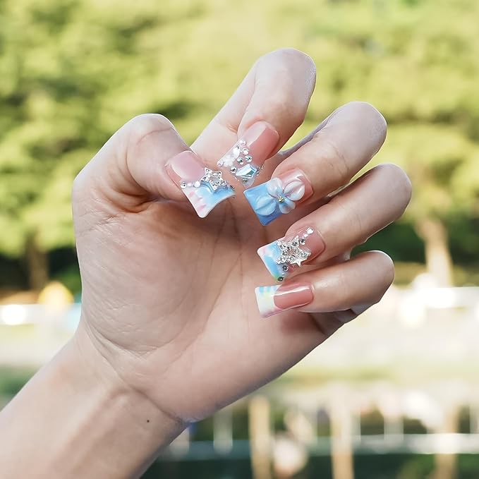 Press on Nails Duck Shape 3D Floral Metallic Star Design Luxury Thick Acrylic Fake Nails Rhinestones Petal Flower French Tip Blue False Nails (Pastel Pink-Blue Stellar,M)