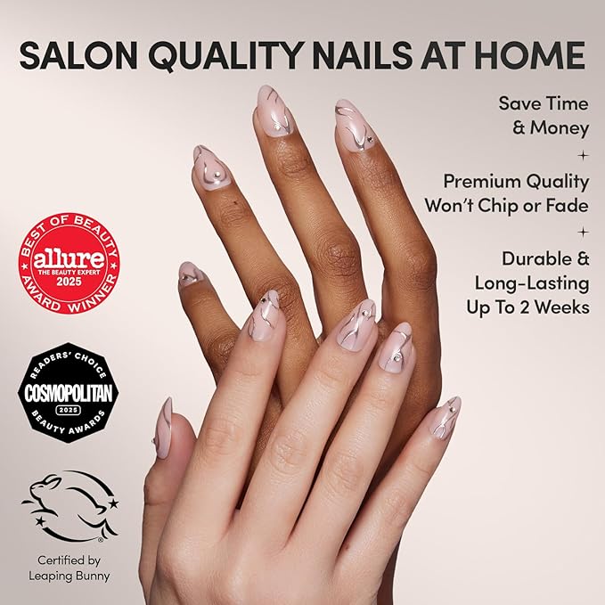 Glamnetic Press On Nails - Astro Fake Nails | Semi-Transparent 3D Metallic Silver Swirl Short Almond Fake Nails in a Glossy Finish | 15 Sizes - 30 Nail Kit with Glue