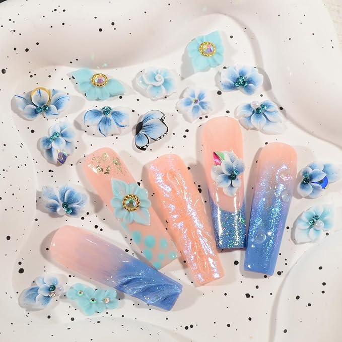 30PCS 3D Handmade Flower Nail Art Charms Advanced Handcrafted Cherry Blossom Flower Colorful Sculpted Floral Nails with Rhinestone Caviar Beads Design for Women Profession Nail Art Craft Jewelry