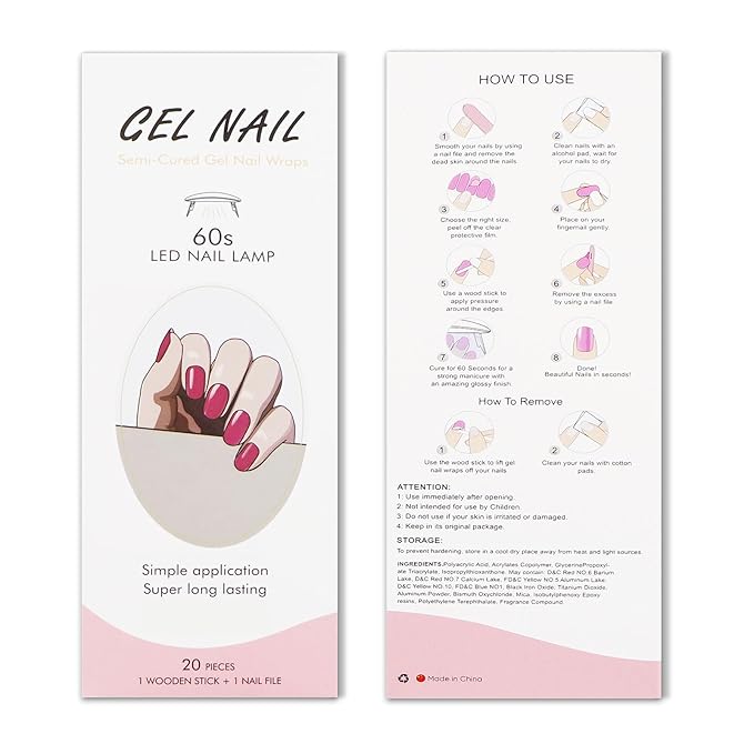 JMEOWIO Gel Nail Stickers Pink Red Semi Cured Gel Nail Strips Wraps UV/LED Supplies Nails Art Design Decoration Accessories