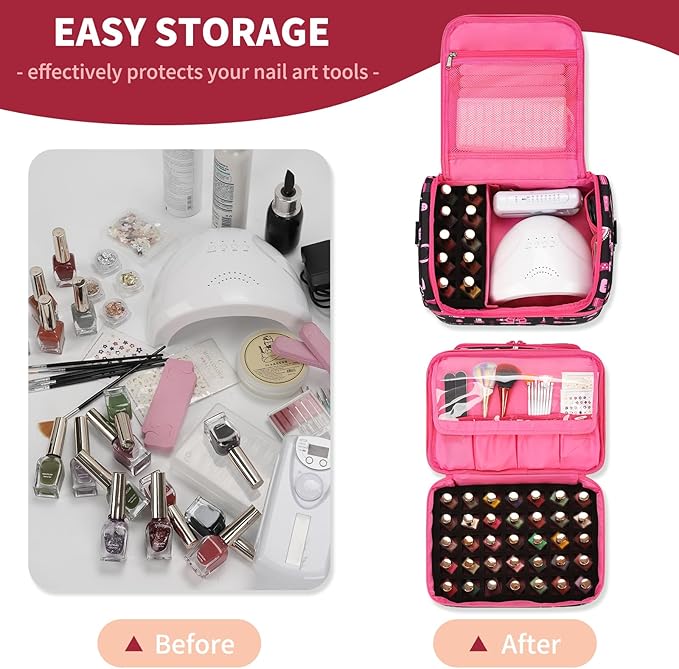 Nail Polish Organizer Case - Holds 45-90 Bottles & UV Nail Lamp, Nail Tech Organizers And Storage Bag for Nail Supplies & Manicure Kit & Pedicure Tools, Nail Technician Case (Cartoon Black, 45 Slots)