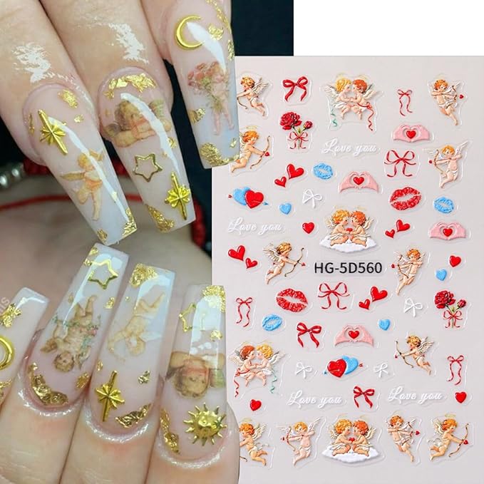 4 Sheets Valentines Day Nail Stickers 5D Embossed Heart Nail Art Stickers Self-Adhesive Rose Flower Cupid Angel Lips Love Letter Designs Holiday Nails Cute Nail Decals for Women Manicure Decor DIY