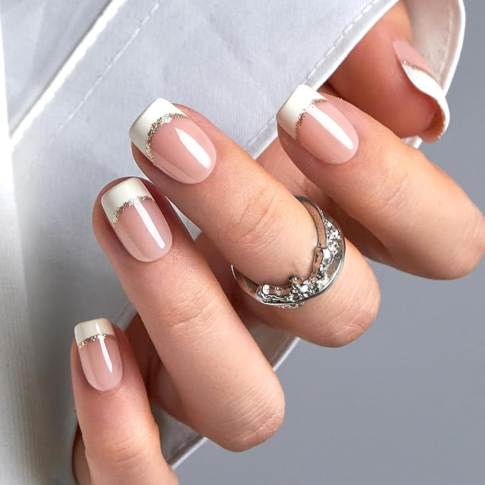 Curvlife Square Press On Nails Short – 30PCS Full Cover False French Nails with Glitter Natural Fit Soft Gel Fake Nails Tips, Easy to Apply at Home Glue On False Nails Kit