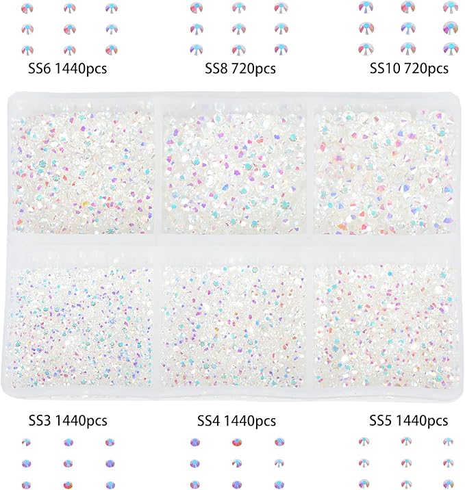 Bymitel 7200 Pieces 6 Mixed Sizes Glue Fix on Glass Rhinestones Round Crystal Gems Flatback for DIY Jewelry Making with one Picking Pen(6-Sizes 7200PCS, Starry Meteor)