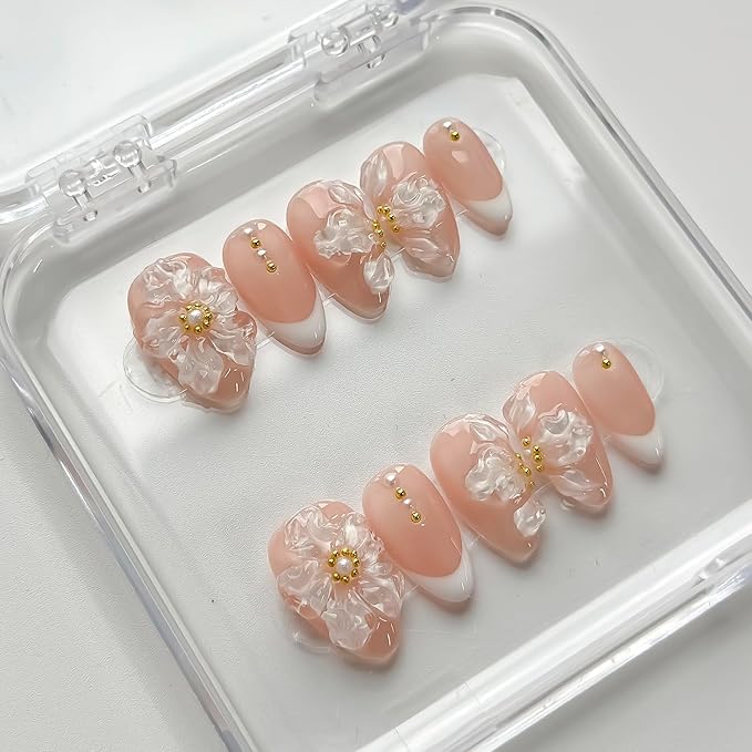 Luxury Press on Nails Short Almond Handmade 3D Unique Reusable ABS Material Fake Nails White French Tip Purple False Nails with Designs Ice Flower Pearls Glossy Glue on Nail Thick Acrylic Nail(S)
