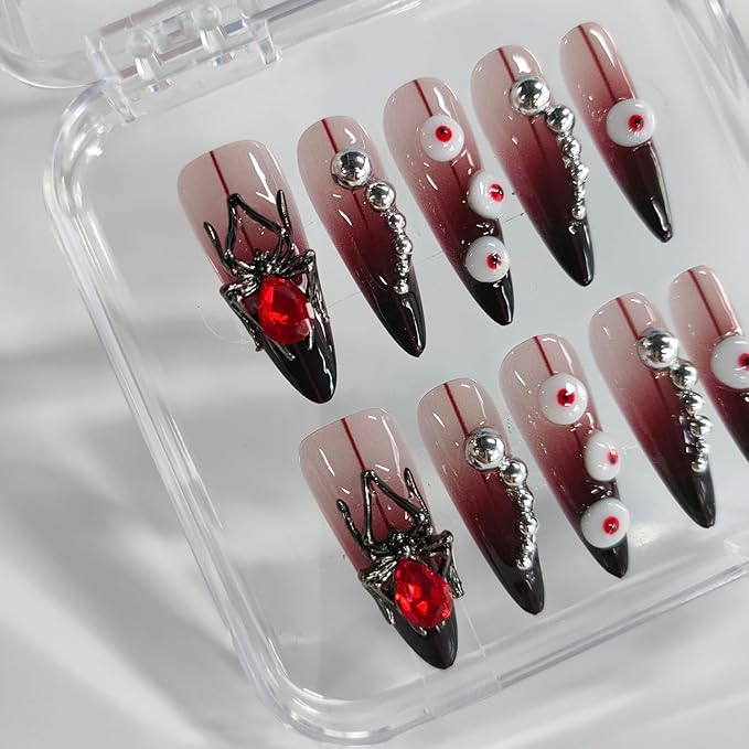 Halloween Press on Nails Long Almond 3D Handmade Nails Thick Acrylic Fake Nails Gothic False Nails with Spider Charms Rhinestones Eyeball Designs Dark Red Sturdy Nail Art Press on Nails 10Pcs(M)