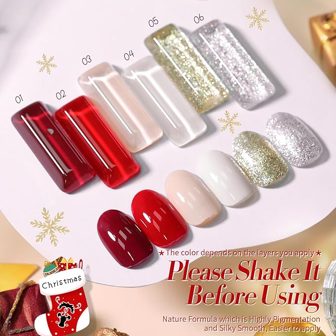 Born Pretty Gel Nail Polish Nude White Red Silver Champagne Gold Glitter Gel Nail Polish Set Classic Daily 6 Colors Nail Gel Kit Soak Off U V Nail Gel Polish Nail Art Home DIY Manicure