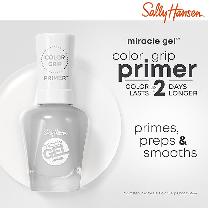 Sally Hansen Miracle Gel Nail Polish Color Grip Primer and Base Coat| Salon Quality, Gel-Like Formula, Two-Step System, No UV Light Needed, Long Lasting | Clear, Glossy