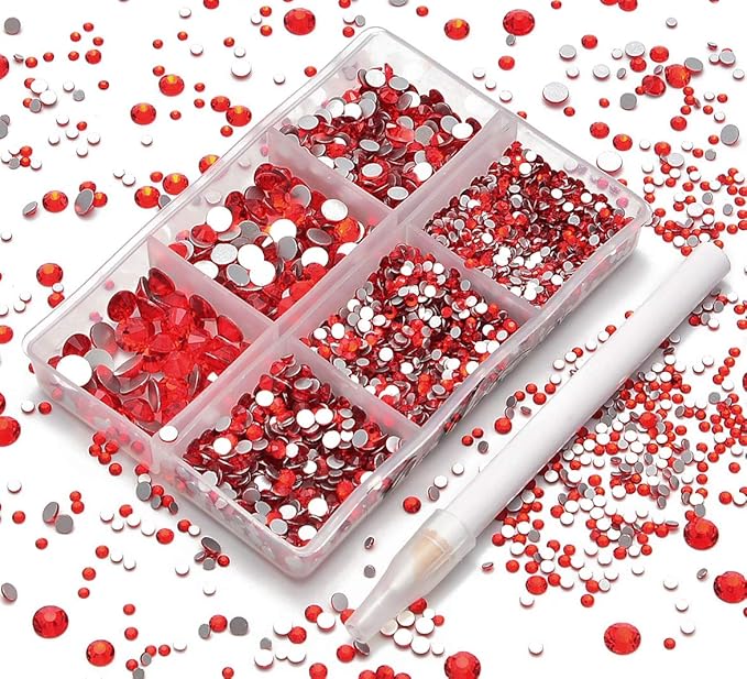 AD Beads 4300 Pieces Flat Back Nail Art Rhinestones Round Beads 6 Sizes (2-6.5mm) with Storage Organizer Box,Rhinestones Picking Pen for Nail Art Phone Decorations Crafts DIY (Red)