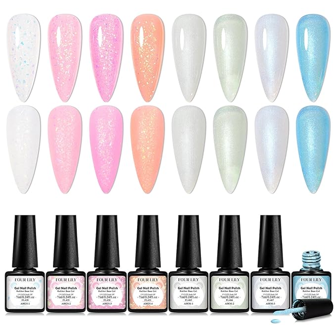 Rubber Base Builder Colors Set, Brocade Pink White Strengthener Builder Extension Gel Polish Pearlescent Off-white Blue Milky Soak Off UV LED Gel Nail Kit Manicure Gift