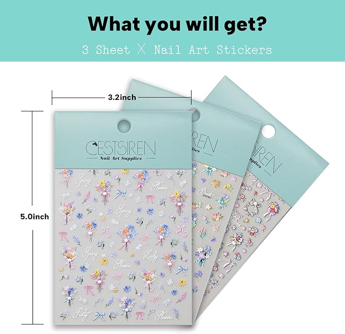 Spring Bouquet Nail Art Stickers, Flower Floral Rhinestone Spring Summer Nail Decals Design, Self-Adhesive, Nail Accessories & Supplies 3 Sheets