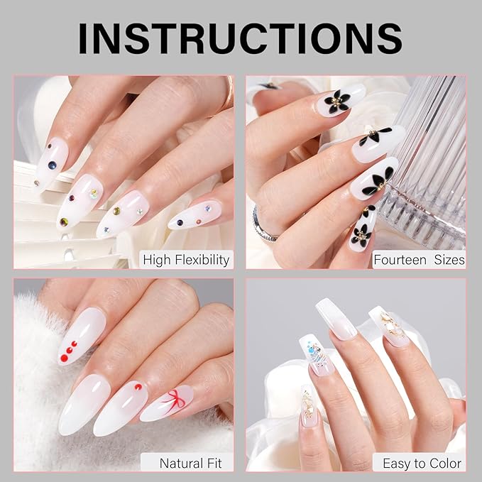AILLSA Milky White Press on Nails Medium Almond, 112 Pcs 4 Shapes Soft Nail Tips Acrylic Fake Nails Press Ons Set, Pre-Applied Primer Long Lasting False Nail Extensions for Manicure Home DIY
