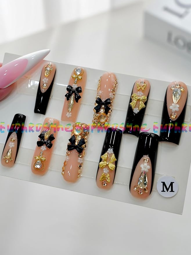 Euphrosyne Y2K Press On Nails – Long Coffin Nails in Black & Nude Pink with Sparkly Rhinestones & 3D Bows | 10pcs Trendy Glam Fake Nails for Party or Daily Wear