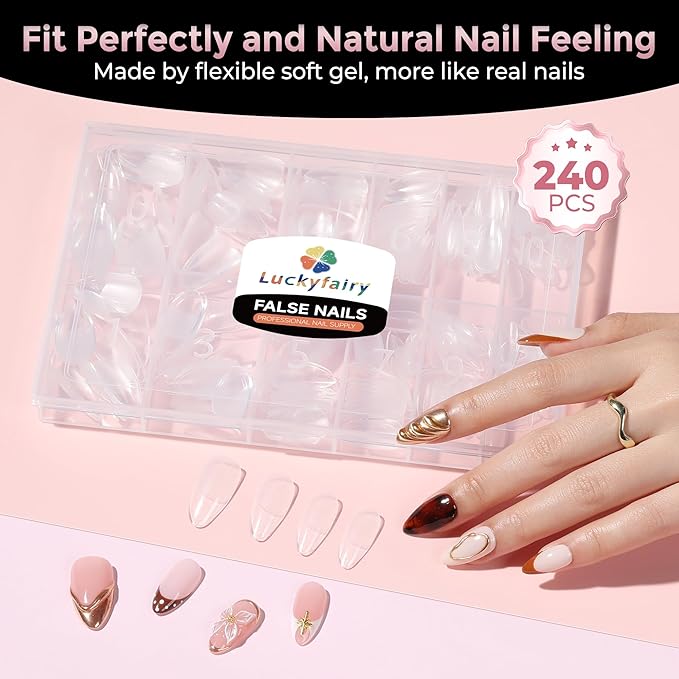 Almond Nail Tips: 240pcs Pointed Almond Soft Gel Nail Tips, Pre-shape Short Nails, Half Matte Full Cover Clear Acrylic Fake Press On Nails for Nail Extension Home Nail Art 12 Sizes Gelly Tips