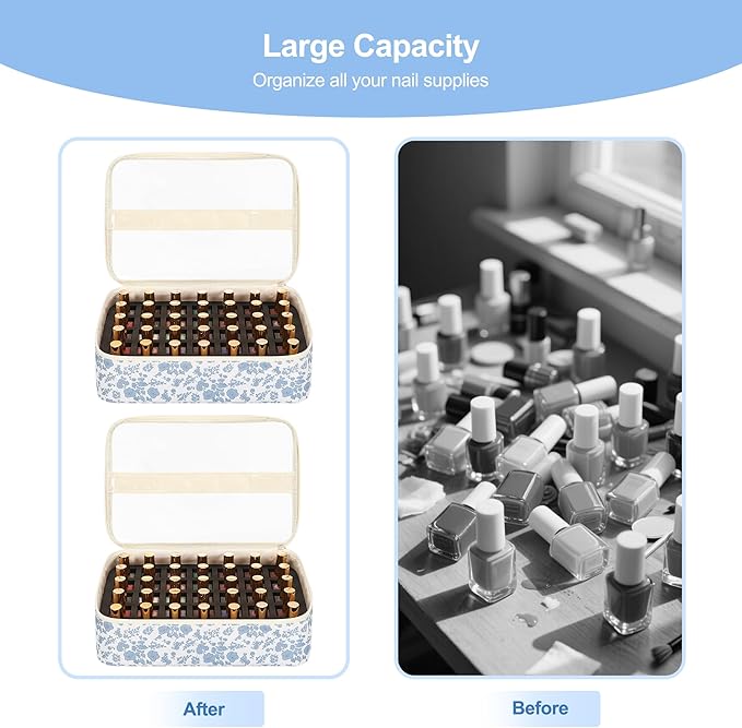 Relavel Nail Polish Organizer, Nail Bag Holds 80 to 100+ Bottles (15ml/0.5fl.oz) Nail Lamp, Nail Supplies Kit Gels Polish Storage Case with 2 Removable Pouches for Manicure Nail Tech Gifts (Floral)