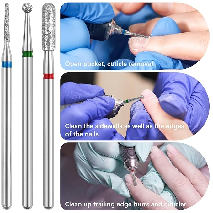 Cuticle Drill Bit,Cuticle Drill Bits for nails 3pcs Diamond Nail Drill Bits for 3/32''Electric Nail File Machine Pedicure Tool