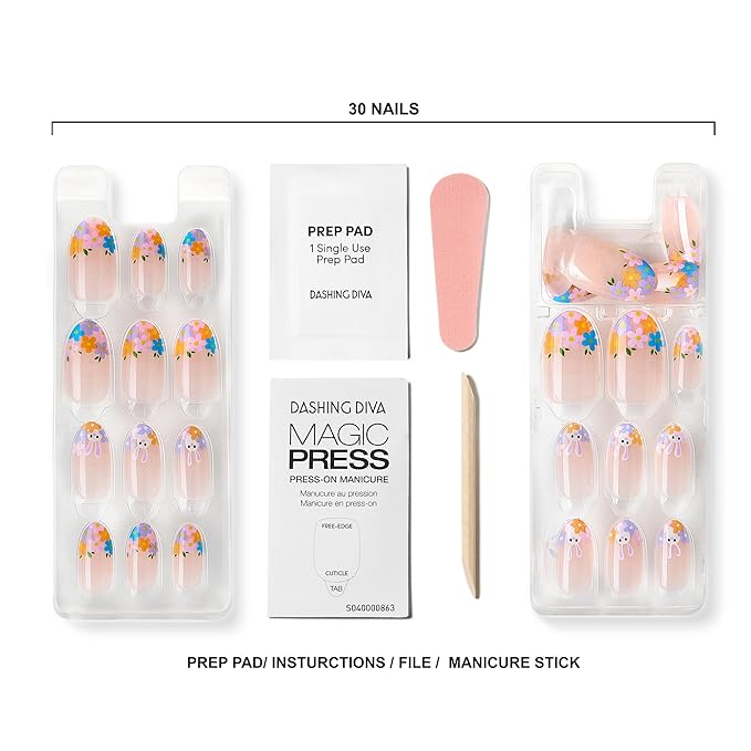 Dashing Diva Magic Press Nail Set - Hop Scotch - Medium Almond Press On Nails - Long Lasting Gel - Lasts Up to 10 Days - Easter Gel Set - 4-Piece Manicure Kit with 30 Nails