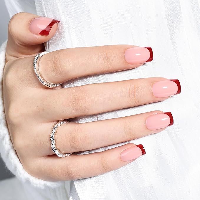 Red French Tip Press On Nails - Short Square Red Tips Press on Nails Glossy Nails Press Ons for Women DIY Fake Nails Kit with Glue, Reusable Glue on Nails Short in 16 Sizes - 32pcs, Cherry Tip