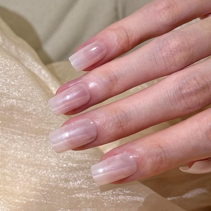 24PCS Sheer Pink Press On Nails - Pearlized Square Medium Length with Rose Quartz Chrome Finish, Glazed Fake Nails for Bridal & Vacation Wear (Blush Frost & Moonlight Sheer)