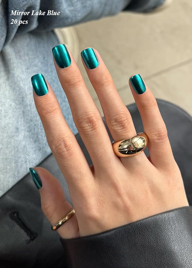 Semi Cured Gel Nail Strips (Mirror Lake Blue), 20 Pcs Chrome Gel Nail Wraps, Stickers, Salon Quality, Works with Any UV Lamps