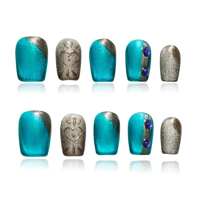 Luxury Blue Cat Eye Press on Nails, Handmade 3D Short Square Nails Glitter Blue & Gold Ombre with Heart Line Art and Rhinestone Accents for New Year,Party, Valentine's Day (Neon Cat Eye,S)