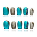Luxury Blue Cat Eye Press on Nails, Handmade 3D Short Square Nails Glitter Blue & Gold Ombre with Heart Line Art and Rhinestone Accents for New Year,Party, Valentine's Day (Neon Cat Eye,S)