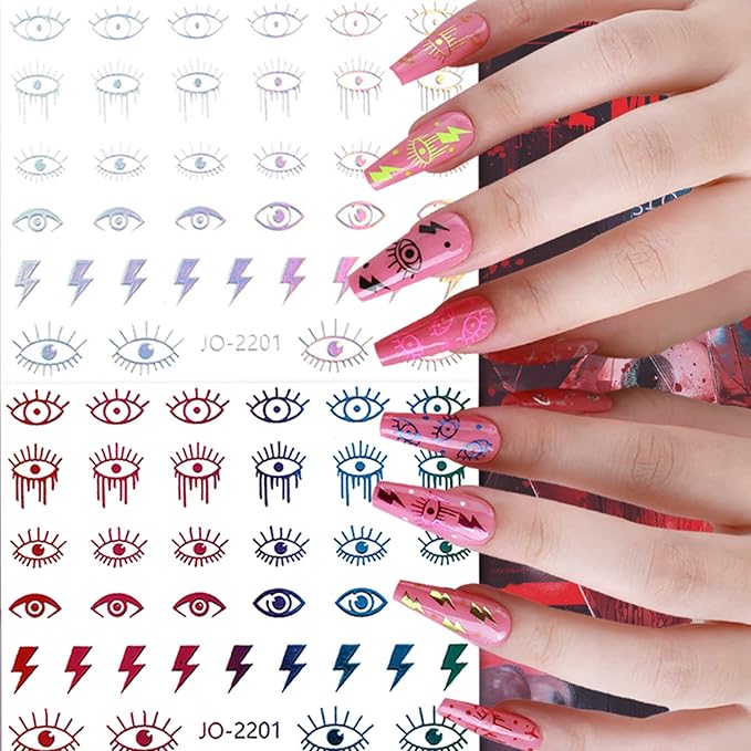 12 Colors Evil Eyes Nail Art Stickers, 3D Funny Eye Self-Adhesive Sticker Design, Laser Gold Silver Red Black White Pink Yellow Green Eyes Nail Transfer Decals for Women Manicure Decorations