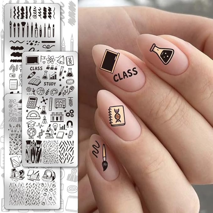 PH PandaHall 3pcs Stationery Nail Stamping Plates Pen Ruler Nails Art Stencils Notebook Scissors Manicures Art Templates Book Study Nails Image Plates for Women DIY Manicure Salon Printing Design