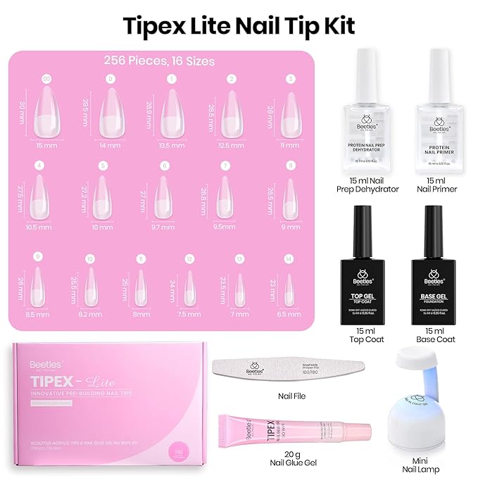 Beetles Tipex Lite Nail Tips Kit with Dehydrator & Primer, Medium Stiletto Full Cover Clear Nails 256PCS 16 Sizes, Mini UV Lamp, 20g Solid Nail Glue, Base & Top Coat, All-in-One Nail Starter Kit