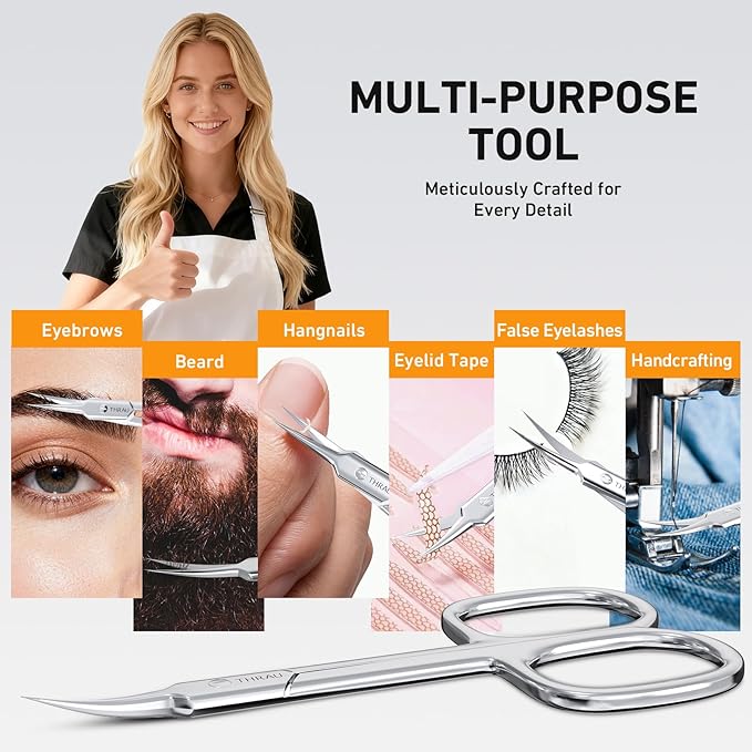 THRAU Cuticle Scissors Extra Fine for Manicure and Pedicure, Curved Blade Nail Scissors, Precise Pointed Tip Grooming Kit for Eyebrow, Eyelash, Trim Nail and Dry Skin, Small Scissors