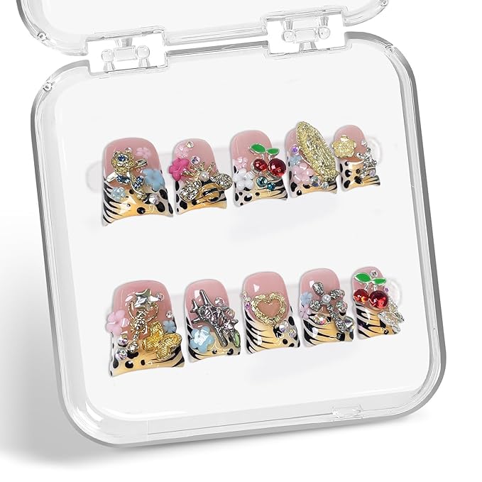 Handmade Press on Nails Leopard Print French Tip Stick on Nails Luxury 3D Rhinestone Flower Fake Nails Muti-Layer Gel False Nail with Cherry Designs Short Duck Acrylic Nail for Women（M）