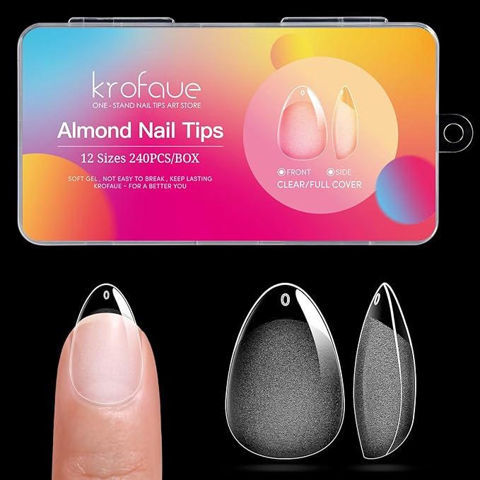 krofaue Almond Nail Tips 240pcs - Half Matte Short Press On Nails, 12 Sizes Pre-Shaped Extra Short Clear Tips for Full Cover Nail Extensions DIY