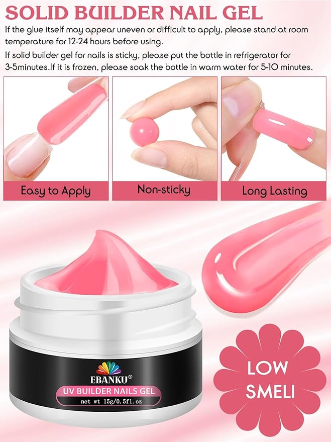 EBANKU Solid Builder Gel for Nail- 6 Colors Gold Hard Gel for Nails Extension Non-Sticky Long-Lasting Solid Gel Kit with 3D Silicone Mold for Valentine Carving Nail Art Salon Home Use